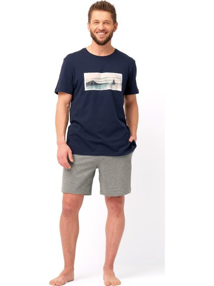 MODRO-ŠEDÉ PÁNSKÉ KRÁTKÉ PYŽAMO S POTISKEM KEY (Velikost L, Barva modro-šedá)