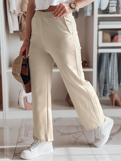BÉŽOVÉ DÁMSKÉ ŽEBROVANÉ TEPLÁKY S OZDOBNOU KRAJKOU NA BOCÍCH LUXEEN (Velikost ONE SIZE)
