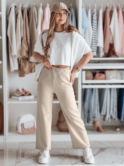 BÉŽOVÉ DÁMSKÉ ŽEBROVANÉ TEPLÁKY S OZDOBNOU KRAJKOU NA BOCÍCH LUXEEN (Velikost ONE SIZE)