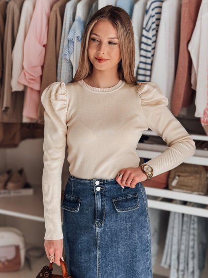 ELEGANTNÍ BÉŽOVÝ DÁMSKÝ SVETR S NABÍRANÝMI RAMENY ELENORI