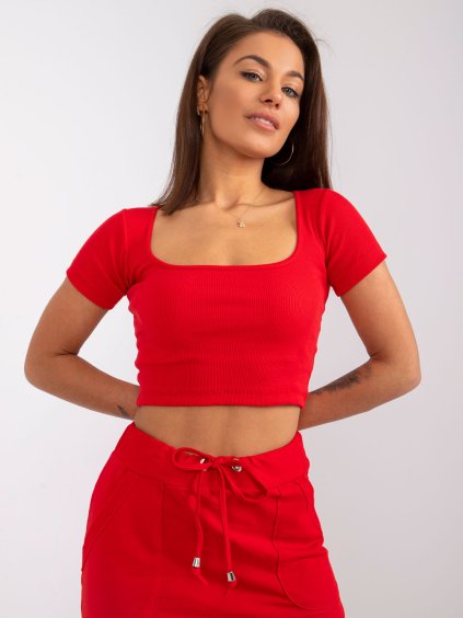 (VEL. XS) ČERVENÝ DÁMSKÝ CROP TOP  S KRÁTKÝMI RUKÁVY