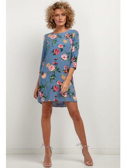 MODRÉ ŠATY Z JEMNÉ VISKÓZOVÉ TKANINY S ELEGANTNÍM KVĚTINOVÝM VZOREM