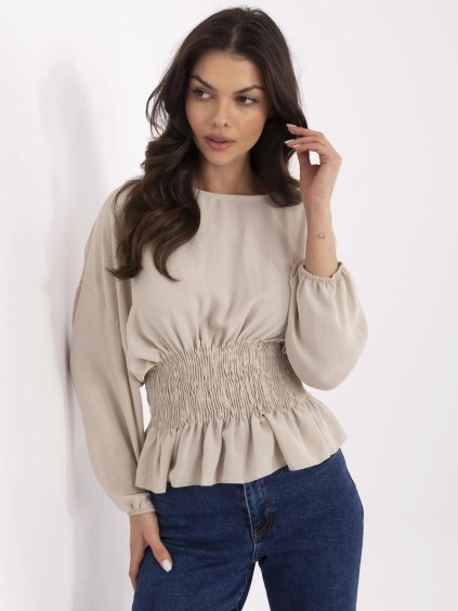 BÉŽOVÁ DÁMSKÁ ELEGANTNÍ HALENKA S NABÍRANÝM PASEM