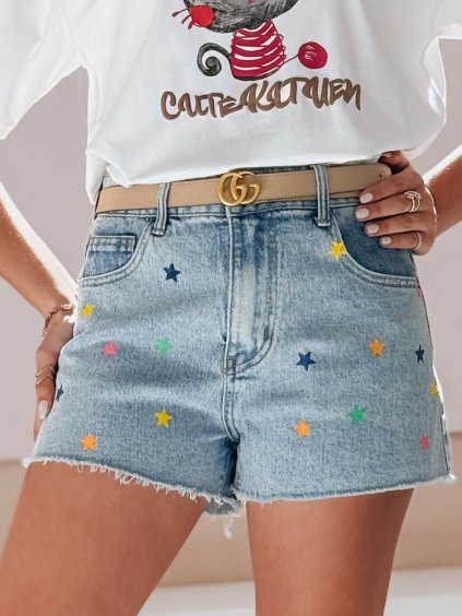 DÁMSKÉ MODRÉ DŽÍNOVÉ KRAŤASY STARSHINE S BAREVNÝMI HVĚZDIČKAMI STARSHINE