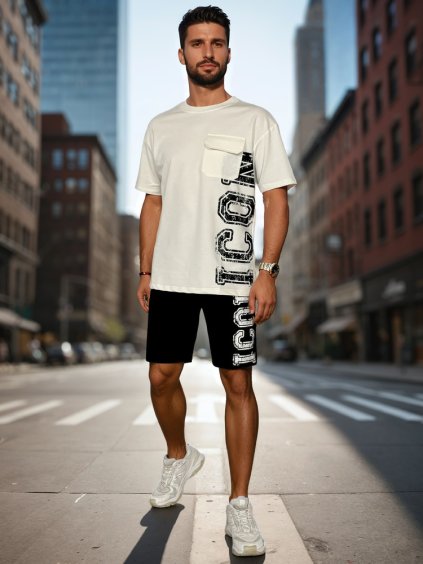 BÍLO-ČERNÁ PÁNSKÁ SOUPRAVA TRIČKA A ŠORTEK S POTISKEM (Velikost M)