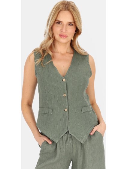 KHAKI DÁMSKÁ ELEGANTNÍ LNĚNÁ VESTA S PRUHY