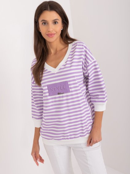 (VEL. ONE SIZE) BÍLO-FIALOVÉ PRUHOVANÉ TRIKO S VÝSTŘIHEM A 3/4 RUKÁVEM (Velikost ONE SIZE)