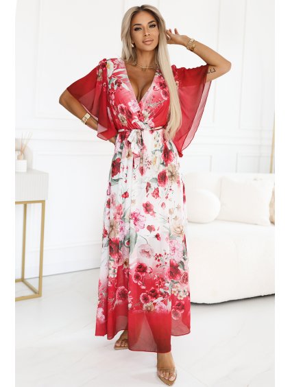 BÍLO-ČERVENÉ VZDUŠNÉ MAXI ŠATY S VÝSTŘIHEM DO V A KVĚTINOVÝM VZOREM (Velikost ONE SIZE)