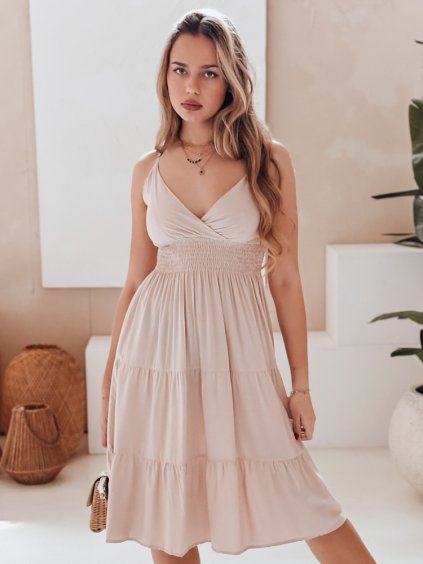 BÉŽOVÉ DÁMSKÉ BAVLNĚNÉ MIDI ŠATY MISSBREEZE S TENKÝMI RAMÍNKY