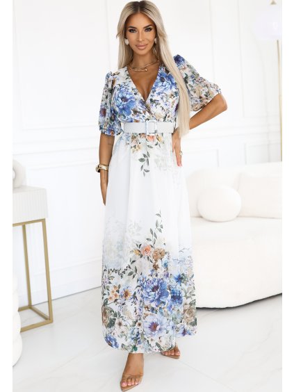 BÍLO-MODRÉ VZDUŠNÉ MAXI ŠATY CELINA S VÝSTŘIHEM DO V A KVĚTINOVÝM POTISKEM (Velikost ONE SIZE)