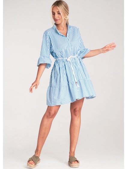 MODRO-BÍLÉ PRUHOVANÉ MINI ŠATY SE STOJÁČKEM (Velikost S/M)