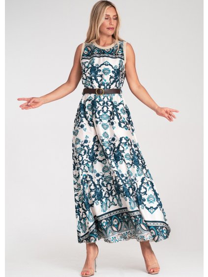 BÍLO-MODRÉ VZOROVANÉ LETNÍ MAXI ŠATY S PÁSKEM (Velikost S/M)