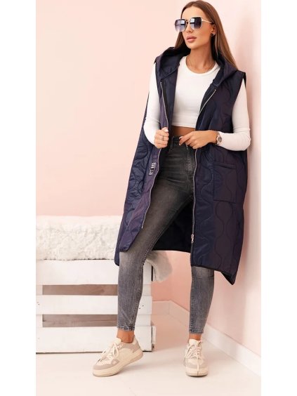 TMAVĚ MODRÁ DÁMSKÁ OVERSIZE PROŠÍVANÁ VESTA S KAPUCÍ NA ZIP (Velikost ONE SIZE)
