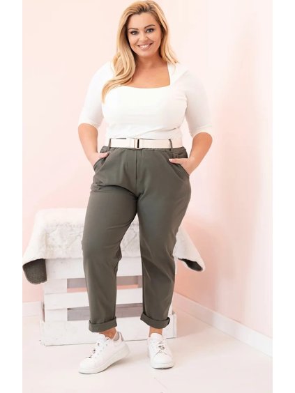 KHAKI DÁMSKÉ BAVLNĚNÉ PLUS SIZE KALHOTY S PÁSKEM (Velikost XL)