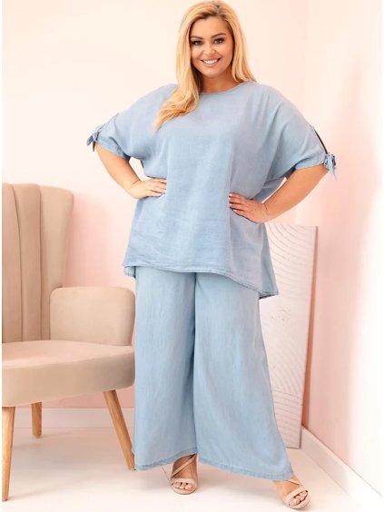SVĚTLE MODRÁ DÁMSKÁ PLUS SIZE SOUPRAVA HALENKY A ŠIROKÝCH KALHOT (Velikost ONE SIZE)