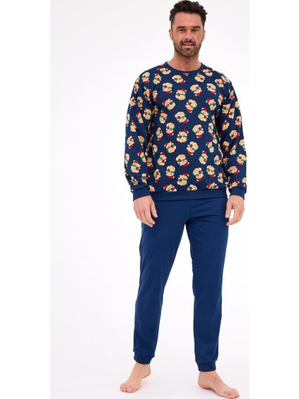 CORNETTE TMAVĚ MODRÉ PÁNSKÉ DLOUHÉ PYŽAMO S VÁNOČNÍM POTISKEM (Velikost M, Barva tmavě modrá)
