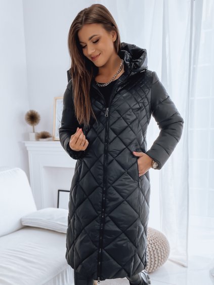 (VEL. XL) ČERNÝ DLOUHÝ PROŠÍVANÝ KABÁT ADDISON (Velikost XL)