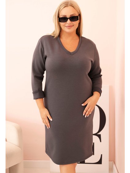 GRAFITOVÉ PLUS SIZE ŠATY S VÝSTŘIHEM DO V A 3/4 RUKÁVY (Velikost ONE SIZE)