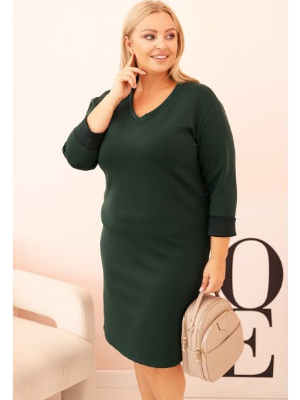 TMAVĚ ZELENÉ PLUS SIZE ŠATY S VÝSTŘIHEM DO V A 3/4 RUKÁVY (Velikost ONE SIZE)