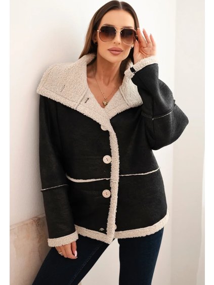 ČERNÁ DÁMSKÁ PLUS SIZE BUNDA ZATEPLENÁ BERÁNKEM (Velikost ONE SIZE)