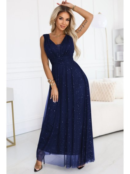 TMAVĚ MODRÉ DLOUHÉ VEČERNÍ TŘPYTIVÉ ŠATY S HLUBOKÝM VÝSTŘIHEM (Velikost ONE SIZE)