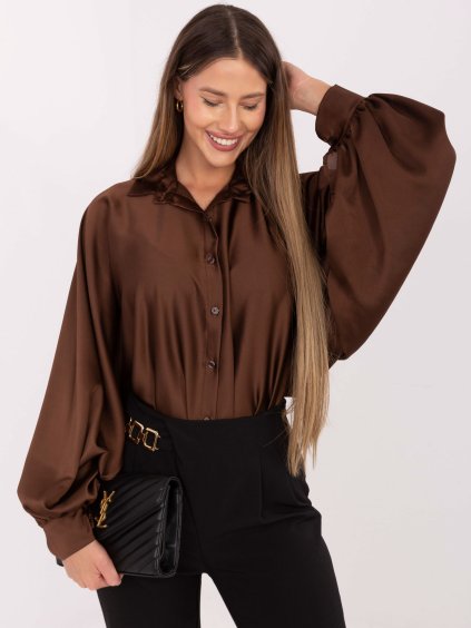HNĚDÁ DÁMSKÁ ELEGANTNÍ KOŠILE S BALÓNOVÝMI RUKÁVY (Velikost ONE SIZE)