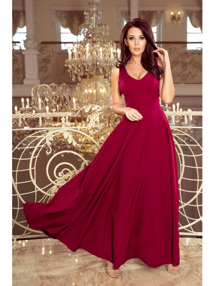 (VEL. M) DLOUHÉ BORDÓ ŠATY S HLUBOKÝM VÝSTŘIHEM LUNA (Velikost M)