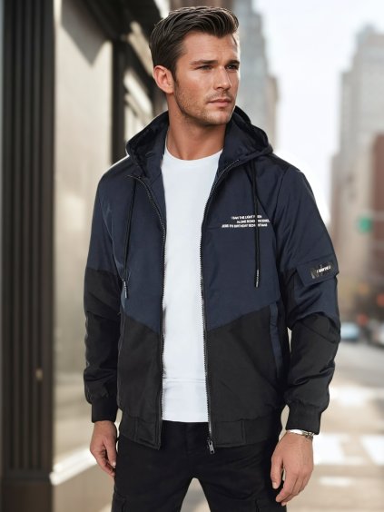 (VEL. 2XL) MODRO-ČERNÁ PÁNSKÁ PŘECHODOVÁ BUNDA S KAPUCÍ A POTISKEM (Velikost 2XL)