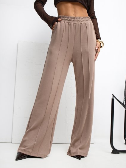 TMAVĚ BÉŽOVÉ DÁMSKÉ VISKÓZOVÉ KALHOTY S PROŠÍVÁNÍM (Velikost S/M)