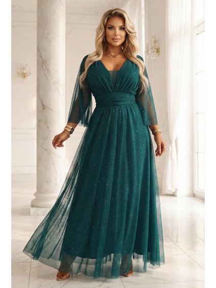 LAHVOVĚ ZELENÉ TŘPYTIVÉ PLUS SIZE MAXI ŠATY S PRŮSVITNÝMI RUKÁVY (Velikost ONE SIZE)