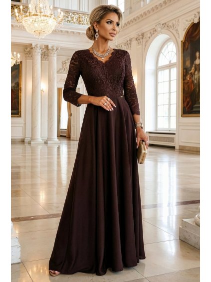 ELEGANTNÍ ČOKOLÁDOVĚ HNĚDÉ KRAJKOVÉ DLOUHÉ ŠATY S VÝSTŘIHEM ELISA (Velikost S)