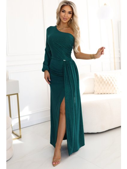 TMAVĚ ZELENÉ DLOUHÉ TŘPYTIVÉ ŠATY S ROZPARKEM A RUKÁVEM (Velikost XS)