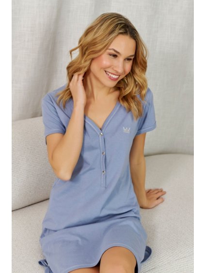 SVĚTLE MODRÁ KOJÍCÍ NOČNÍ KOŠILKA S VYŠITOU KORUNKOU (Velikost S)