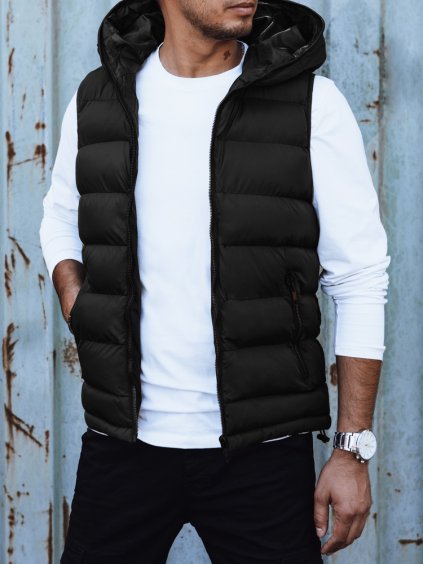 ČERNÁ PÁNSKÁ PROŠÍVANÁ VESTA S KAPUCÍ (Velikost M)