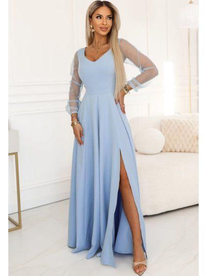 NUMOCO LORETTA DLOUHÉ ŠATY S TYLOVÝMI RUKÁVY A VÝSTŘIHEM SVĚTLE MODRÉ (Velikost S)