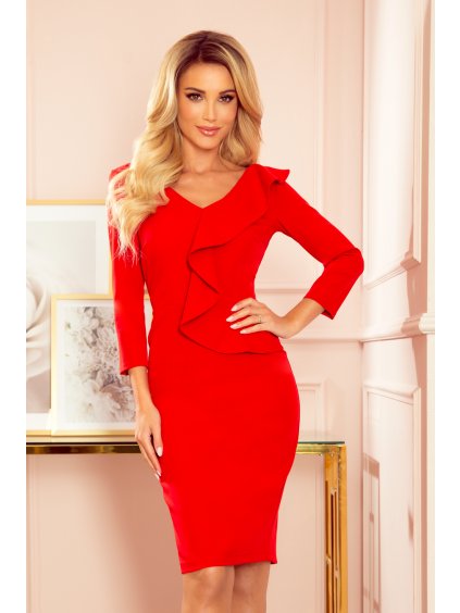 ČERVENÉ ELEGANTNÍ ŠATY S VOLÁNKEM A VÝSTŘIHEM TIFFANY (Velikost S)