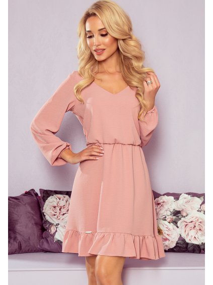 RŮŽOVÉ BOHO ŠATY S VÝSTŘIHEM A VOLÁNKEM LUISA (Velikost S)