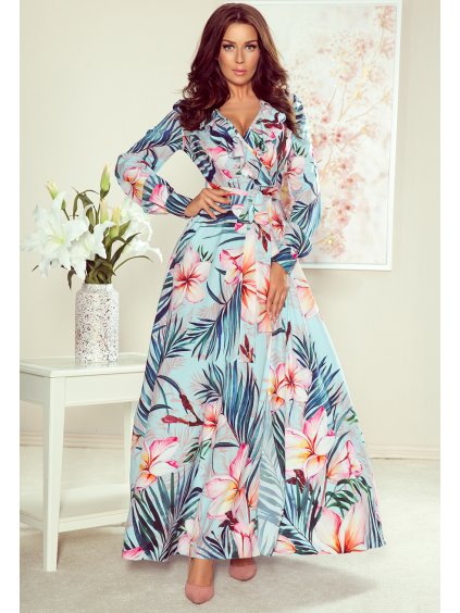 MODRÉ MAXI ŠATY S KVĚTINOVÝM VZOREM UMA (Velikost S)