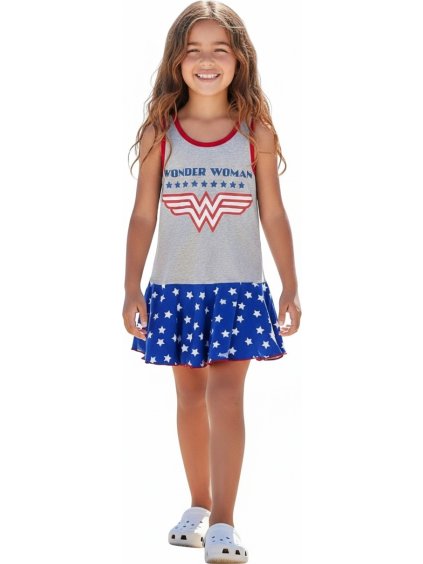 ŠEDO-MODRO-ČERVENÉ DÍVČÍ LETNÍ ŠATY WONDER WOMAN (Velikost 104)