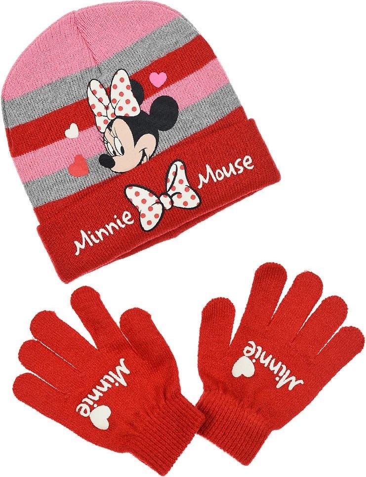 ČERVENO-RŮŽOVÁ SVÍTÍCÍ SADA ČEPICE A RUKAVIC MINNIE