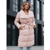 PUDROVĚ RŮŽOVÝ DLOUHÝ DÁMSKÝ PROŠÍVANÝ KABÁT S PÁSKEM FAVI (Velikost L)