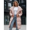 PUDROVĚ RŮŽOVÝ DLOUHÝ DÁMSKÝ PROŠÍVANÝ KABÁT S PÁSKEM FAVI (Velikost L)