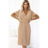 BÉŽOVÉ PLISOVANÉ MIDI ŠATY LYRA SE ZAVINOVACÍM VÝSTŘIHEM A PÁSKEM (Velikost ONE SIZE)