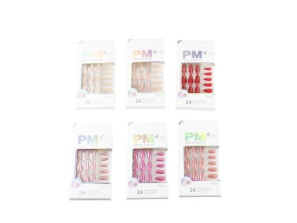 Móng tay giả bộ 24 móng nhọn trơn + miếng dán + giũa trong hộp giấy (bịch: 12 bộ)