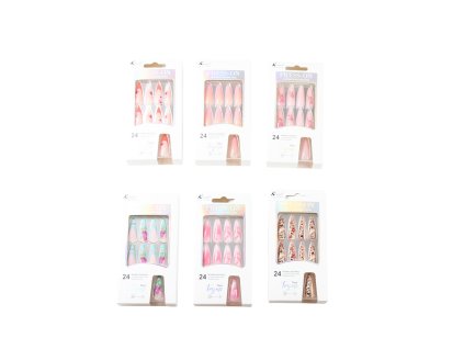 Móng tay giả bộ 24 móng nhọn dài vẽ hoa + miếng dán + giũa trong hộp giấy (bịch: 12 bộ)