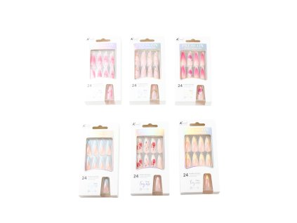Móng tay giả bộ 24 móng nhọn dài vẽ hoa + miếng dán + giũa trong hộp giấy (bịch: 12 bộ)