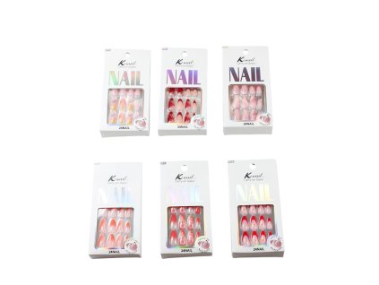 Móng tay giả bộ 24 móng nhọn vẽ hoa + miếng dán + giũa trong hộp giấy (bịch: 12 bộ)