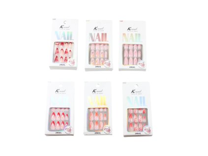 Móng tay giả bộ 24 móng nhọn vẽ hoa + miếng dán + giũa trong hộp giấy (bịch: 12 bộ)