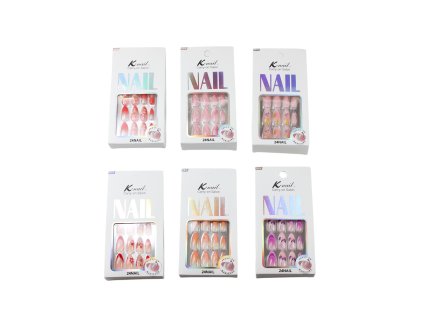Móng tay giả bộ 24 móng nhọn vẽ hoa + miếng dán + giũa trong hộp giấy (bịch: 12 bộ)