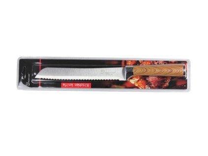 Dao bếp lưỡi răng cưa chuôi gỗ nẹp inox 33x2.5cm trong vỉ nhựa treo
